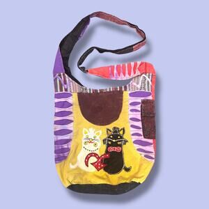 Vintage Crazy Cat Lady Crossbody Bag Patchwork Hippy Grunge Purse Tote Fairycore